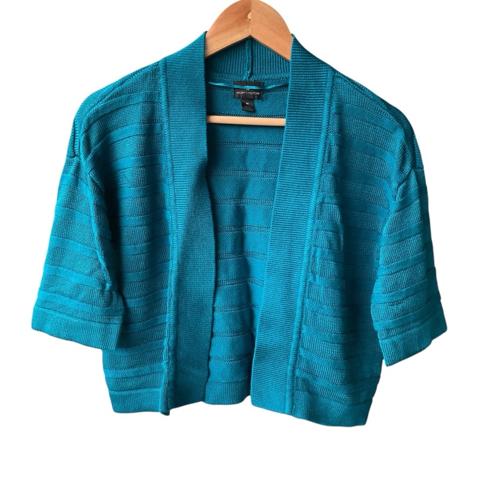 Worthington Sweater Crop Top Green Teal Textured Preppy Business consign Medium